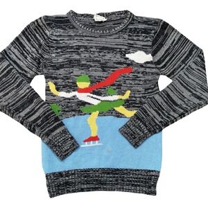 Vintage Just Arrived Womens Knit Sweater M Novelty Ice Skater Graphic 60s 70s